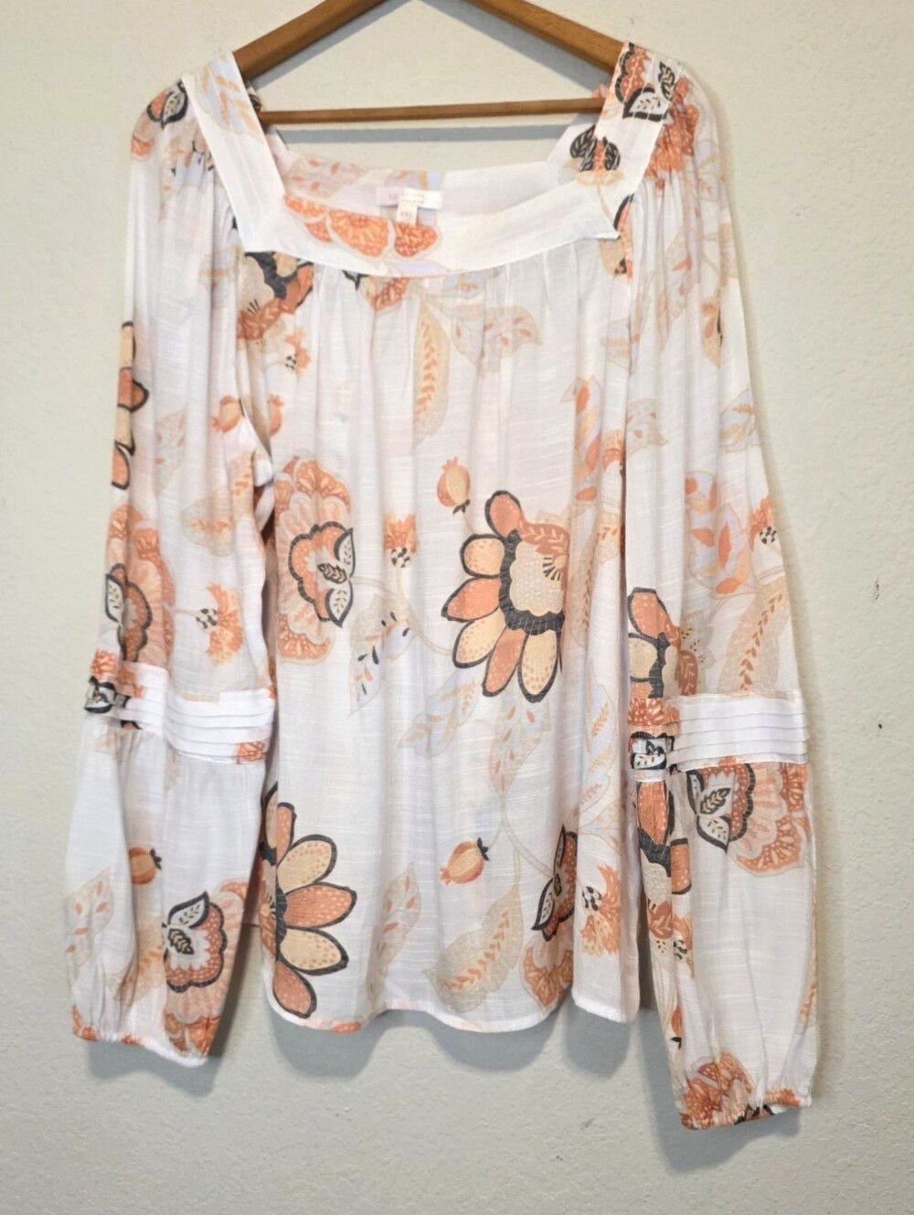 LC Lauren Conrad Blouse Floral Boho Peasant Square Neck Long Sleeve EUC Size XXL